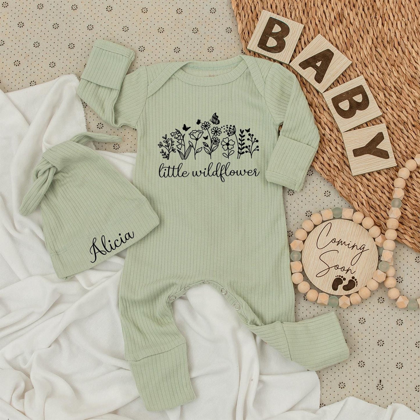 Little Wildflower Baby Bodysuit Hat Set Alicia Personalized Outfit Newborn Girl Going Home Gift Infant Clothes Long Sleeve Minimalist Floral Shower Gift 139 Chars