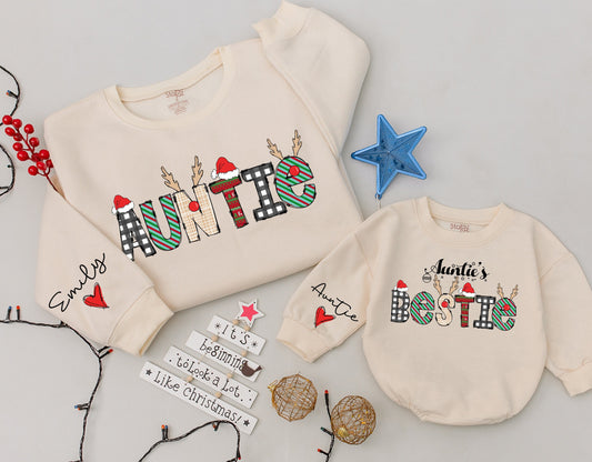 Personalized Matching Auntie and Bestie Christmas Holiday Sweatshirt with Festive Plaid Stripes Antlers Santa Hat Ornaments and Sleeve Hearts