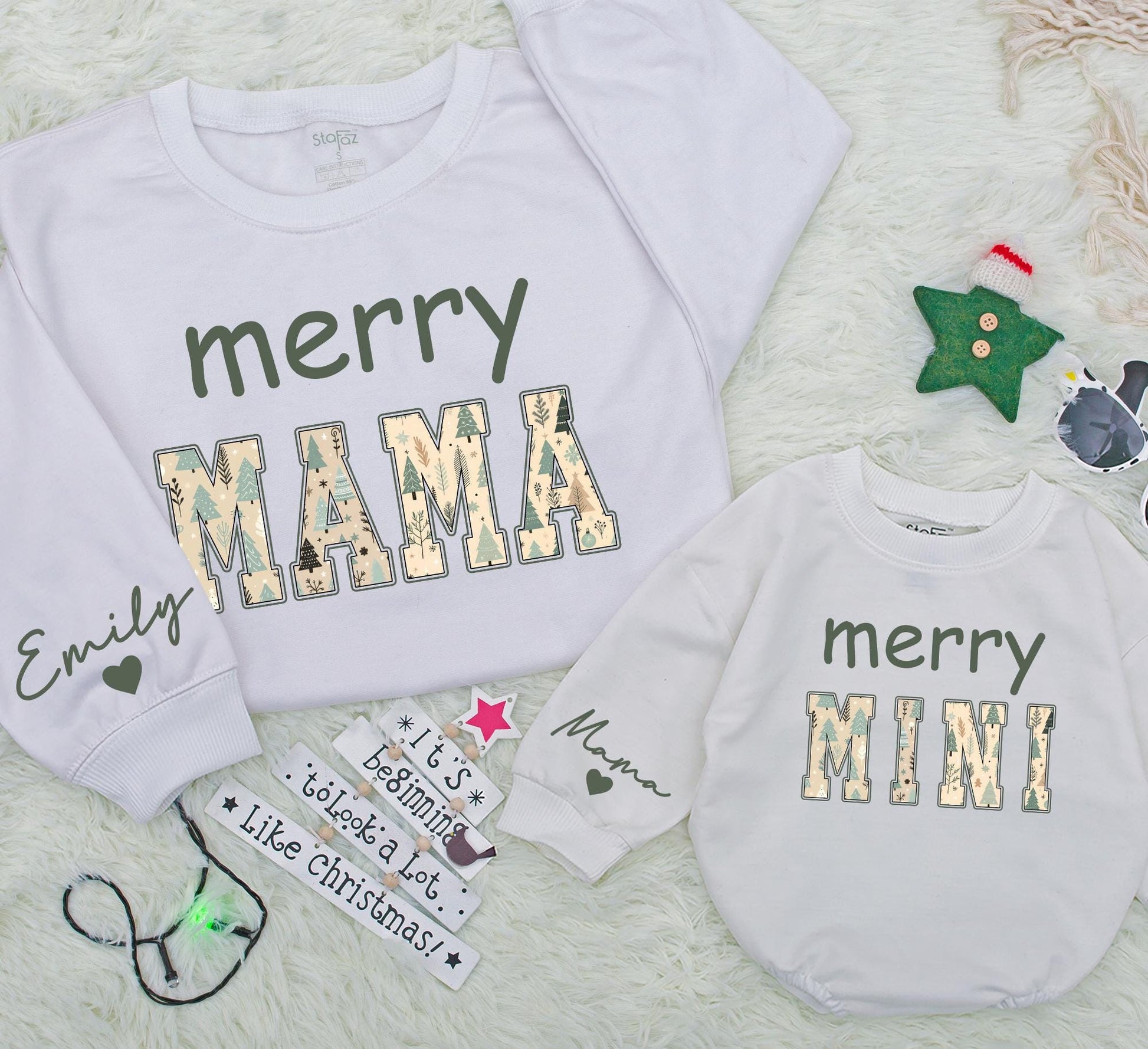 Merry Mama & Mini Matching Christmas Sweatshirt Set, Personalized Name Sleeve, Festive Green Holiday Outfit, Baby Girl Romper Gift, Playful Winter Style (138)