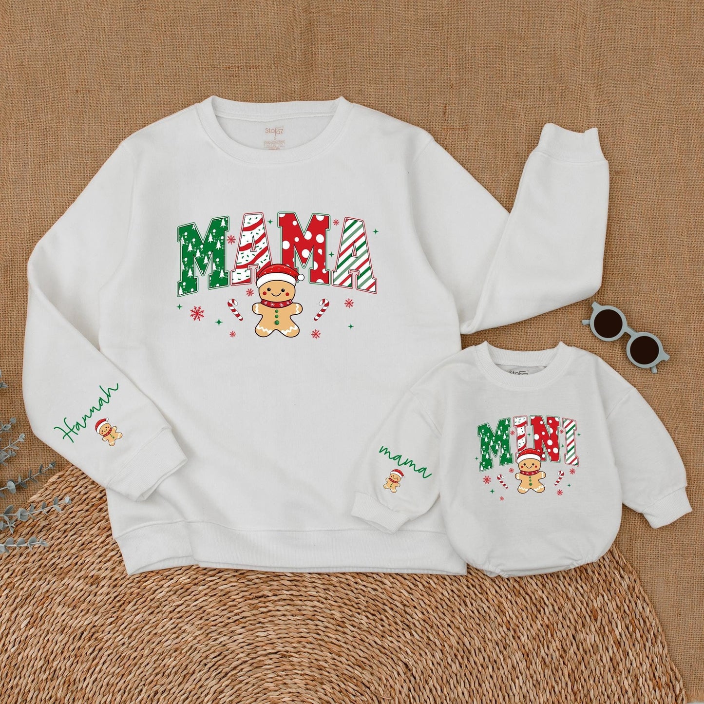 Personalized Mama Mini Christmas Sweatshirt Set, Festive Gingerbread Family Matching Sweaters, Custom Name Sleeve, Holiday Outfit, Cookie Theme (138 chars)