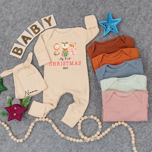 My First Christmas Baby Bodysuit Hat Set Cute Animals in Stocking Newborn Holiday Outfit 2024