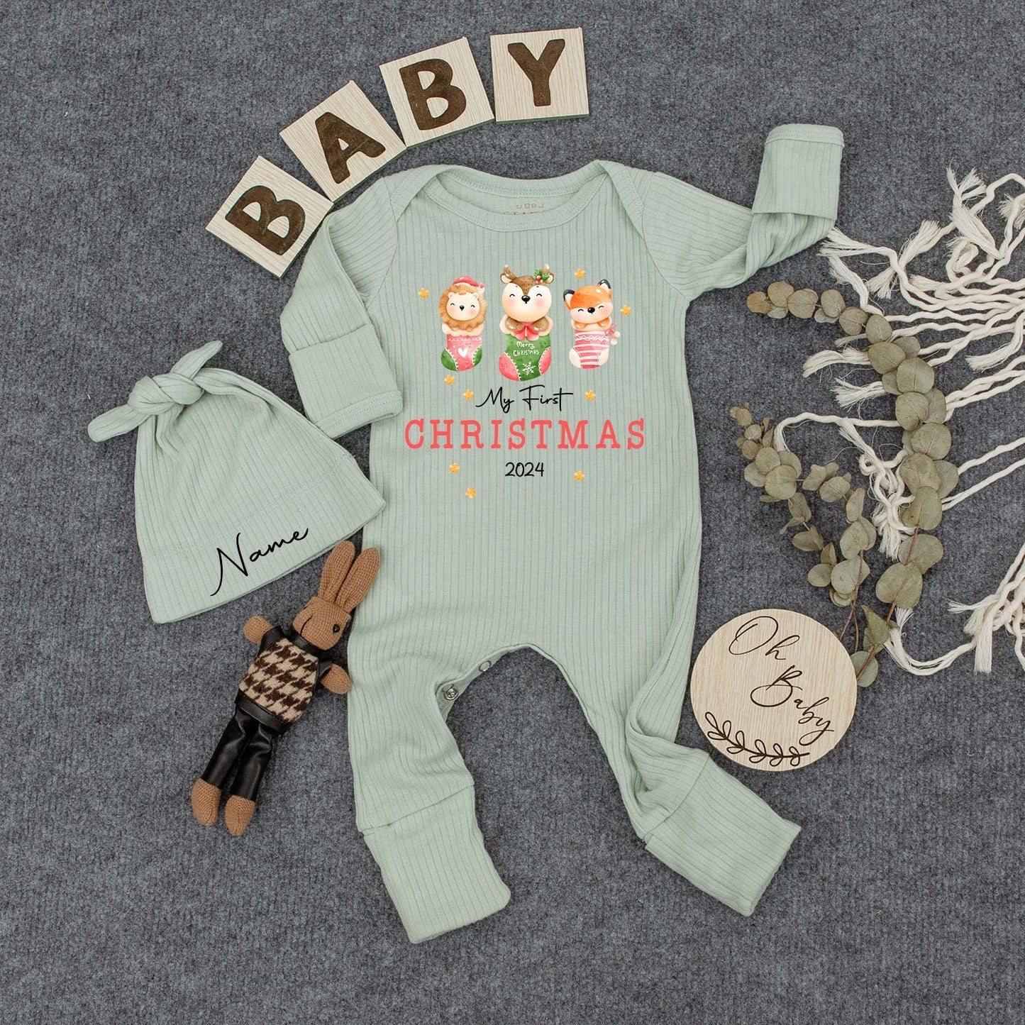 My First Christmas Baby Bodysuit Hat Set Cute Animals in Stocking Newborn Holiday Outfit 2024