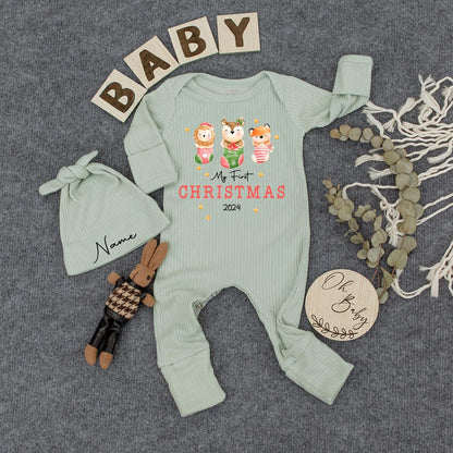 My First Christmas Baby Bodysuit Hat Set Cute Animals in Stocking Newborn Holiday Outfit 2024