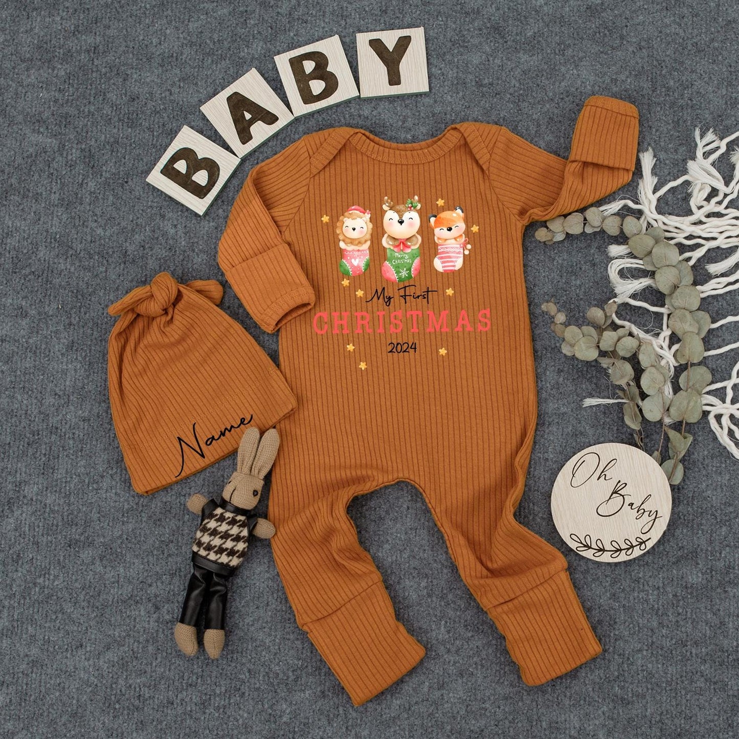 My First Christmas Baby Bodysuit Hat Set Cute Animals in Stocking Newborn Holiday Outfit 2024