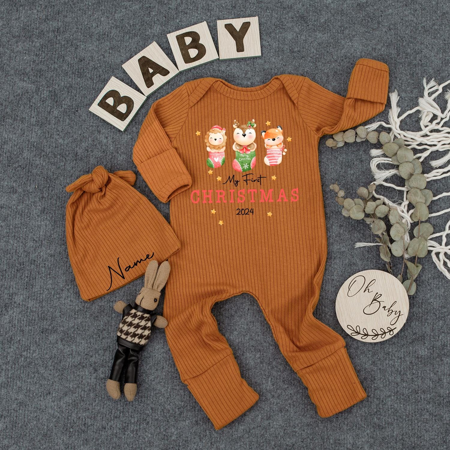My First Christmas Baby Bodysuit Hat Set Cute Animals in Stocking Newborn Holiday Outfit 2024