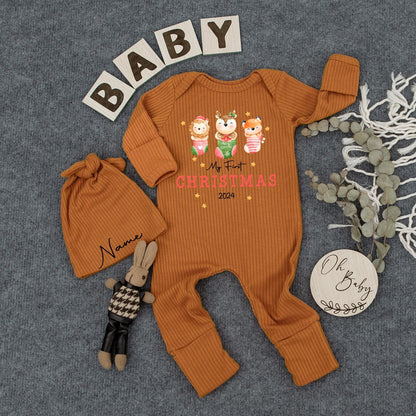 My First Christmas Baby Bodysuit Hat Set Cute Animals in Stocking Newborn Holiday Outfit 2024