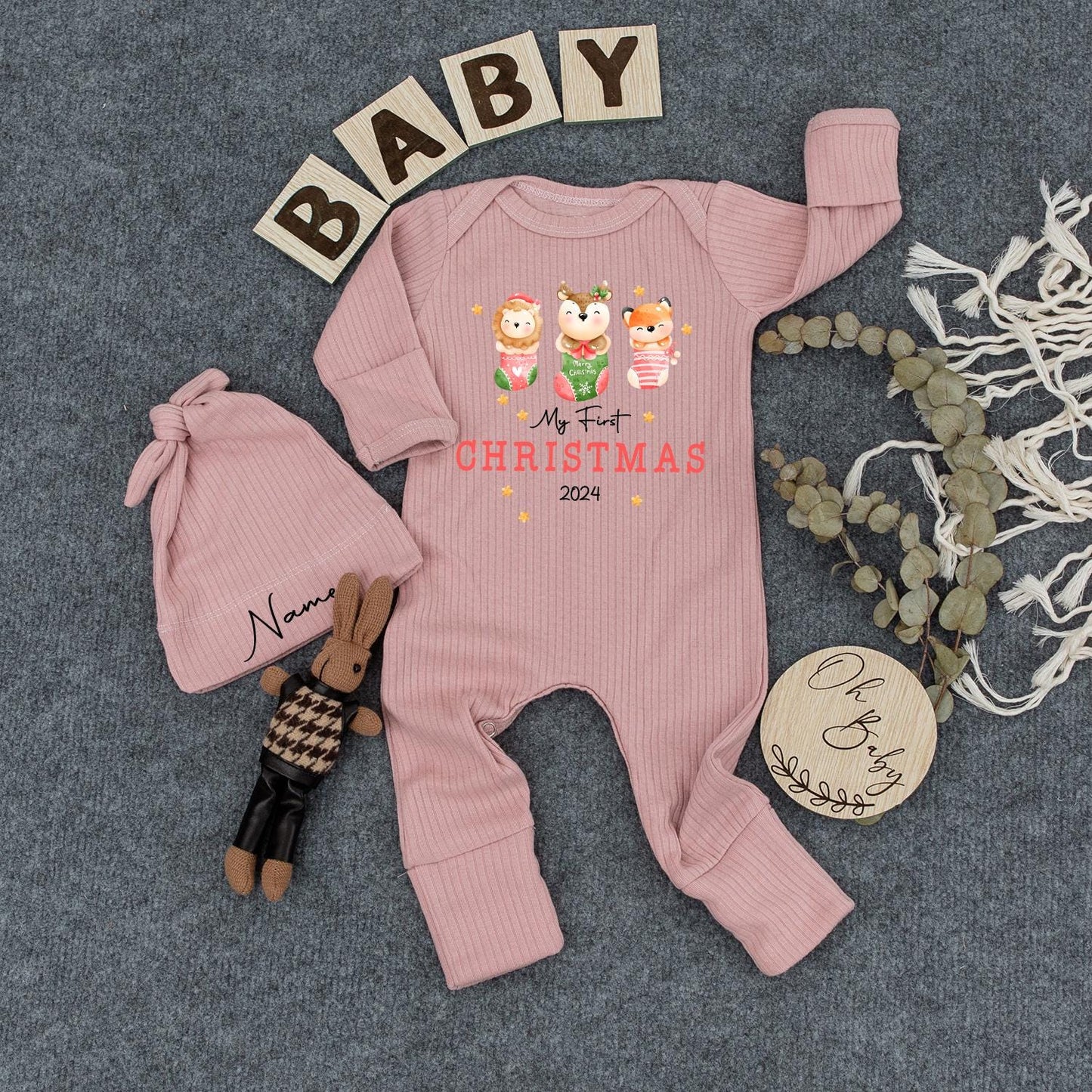 My First Christmas Baby Bodysuit Hat Set Cute Animals in Stocking Newborn Holiday Outfit 2024