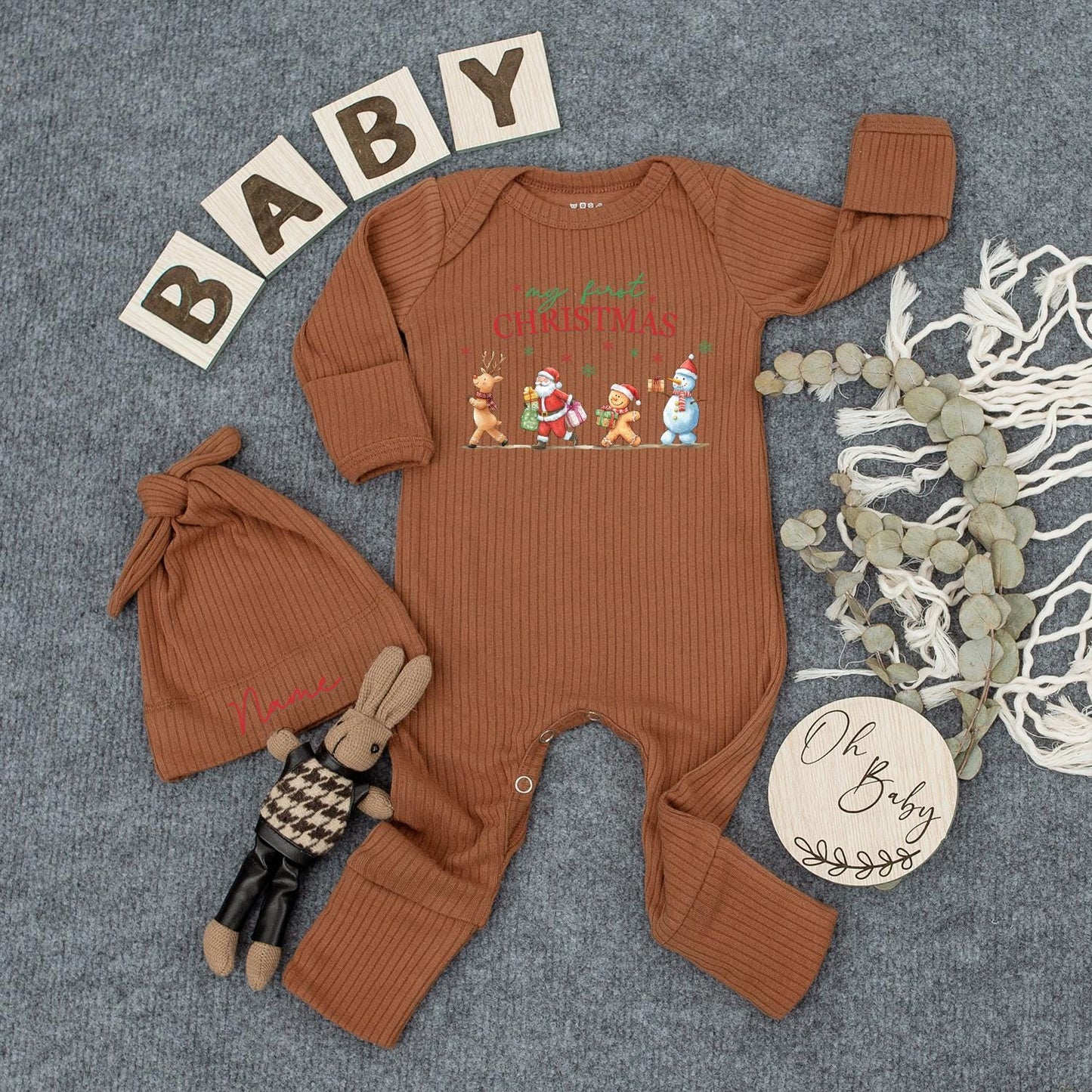 My First Christmas Baby Bodysuit & Hat Set, Reindeer Santa Design, Newborn Girl Boy 1st Xmas Gift, Coming Home Outfit