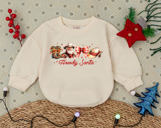 Retro Howdy Santa Romper: Baby's First Christmas Outfit & Gift