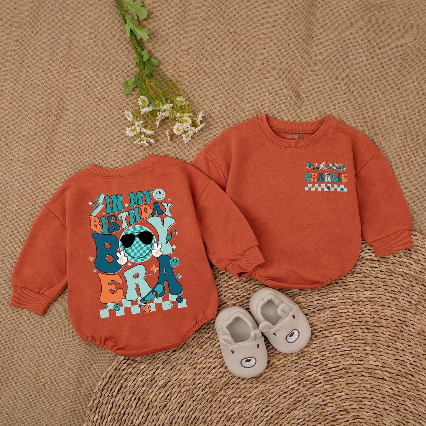 Personalized In My Birthday Boy Era Romper Teal Orange Brown Skateboard Star Peace Sign Custom Baby Outfit 1st Birthday
