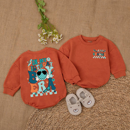 Personalized In My Birthday Boy Era Romper Teal Orange Brown Skateboard Star Peace Sign Custom Baby Outfit 1st Birthday