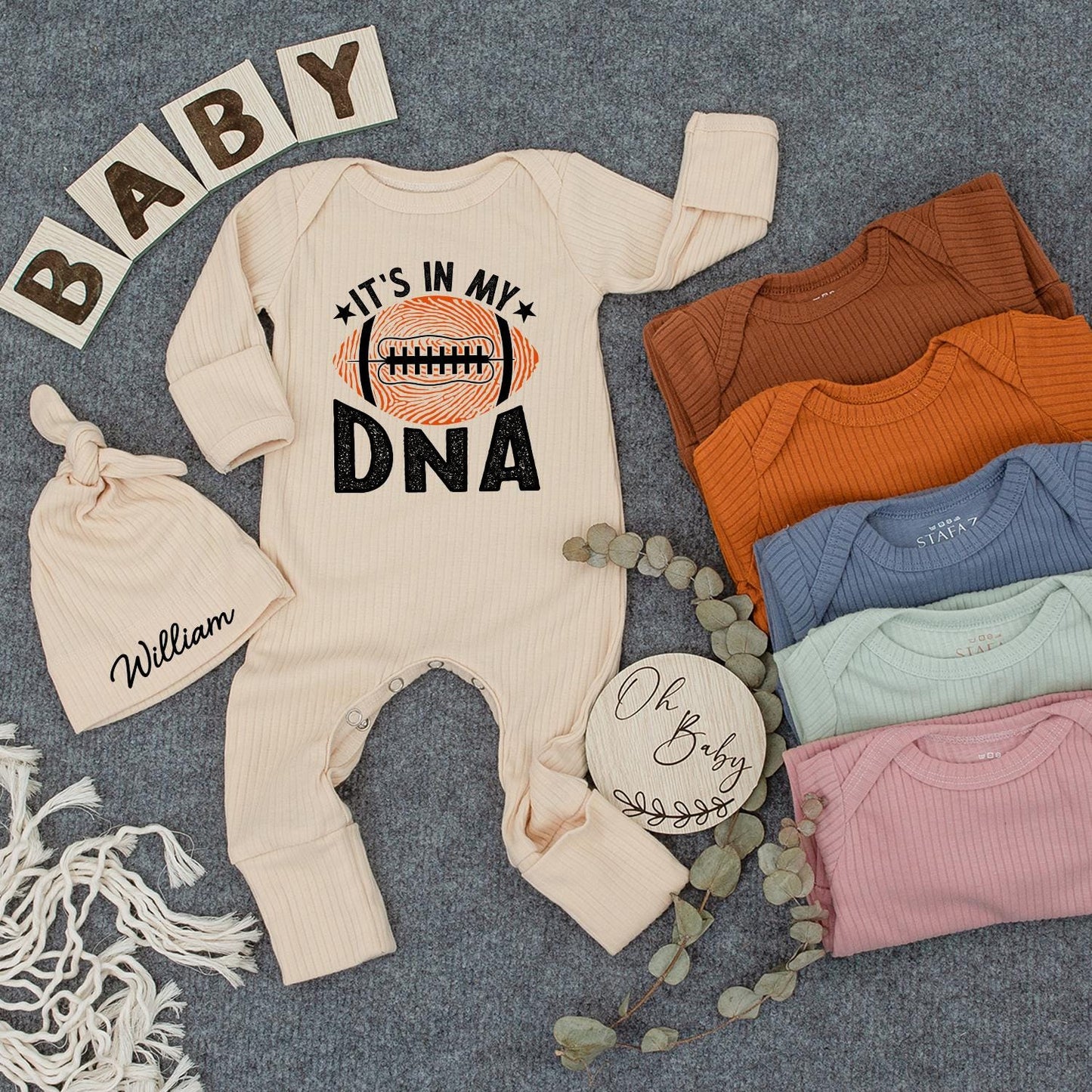 Custom Football "IT'S IN MY DNA" Baby Bodysuit Orange White Starbursts for Game Day, Baby Shower Gift, Pregnancy Announcement, Newborn Outfit
