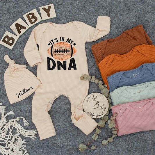 Custom Football "IT'S IN MY DNA" Baby Bodysuit Orange White Starbursts for Game Day, Baby Shower Gift, Pregnancy Announcement, Newborn Outfit