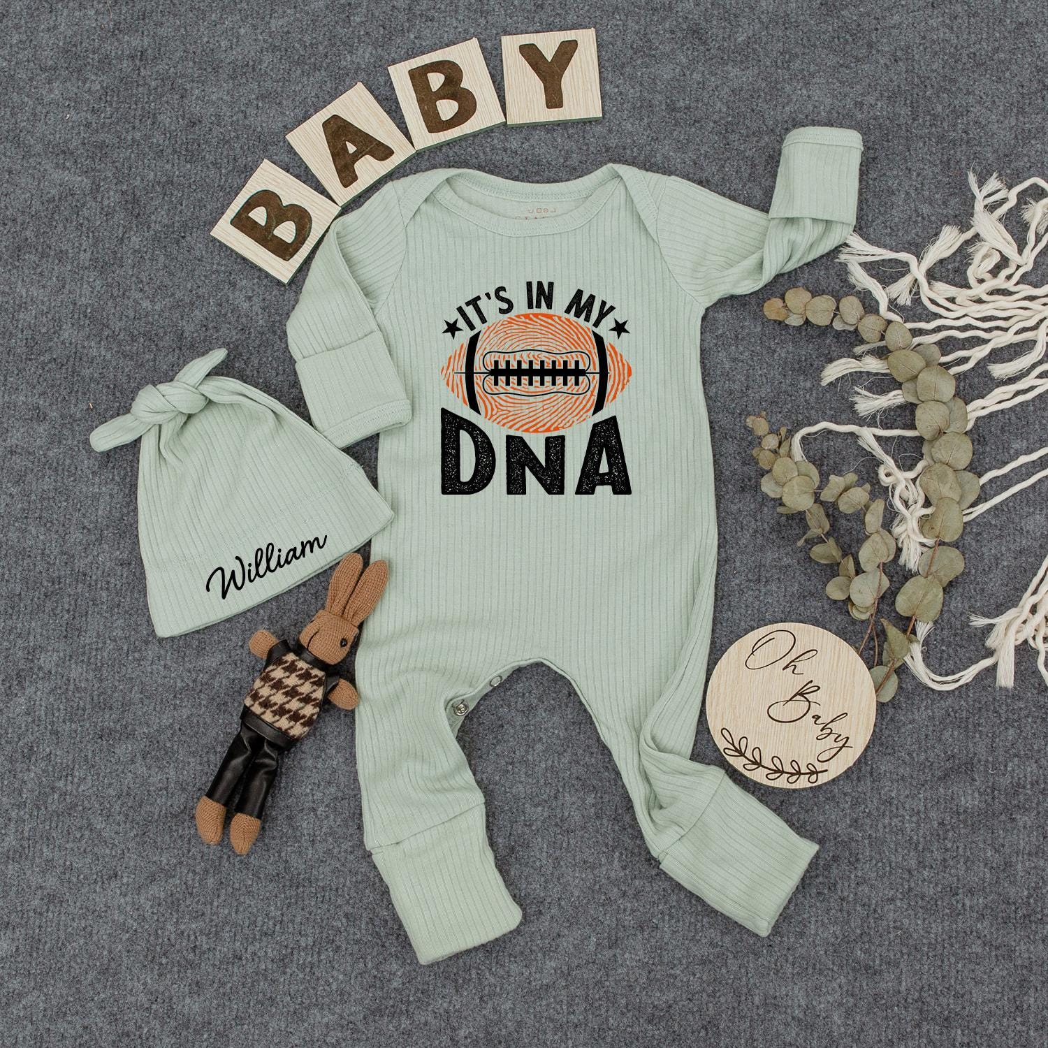 Custom Football "IT'S IN MY DNA" Baby Bodysuit Orange White Starbursts for Game Day, Baby Shower Gift, Pregnancy Announcement, Newborn Outfit