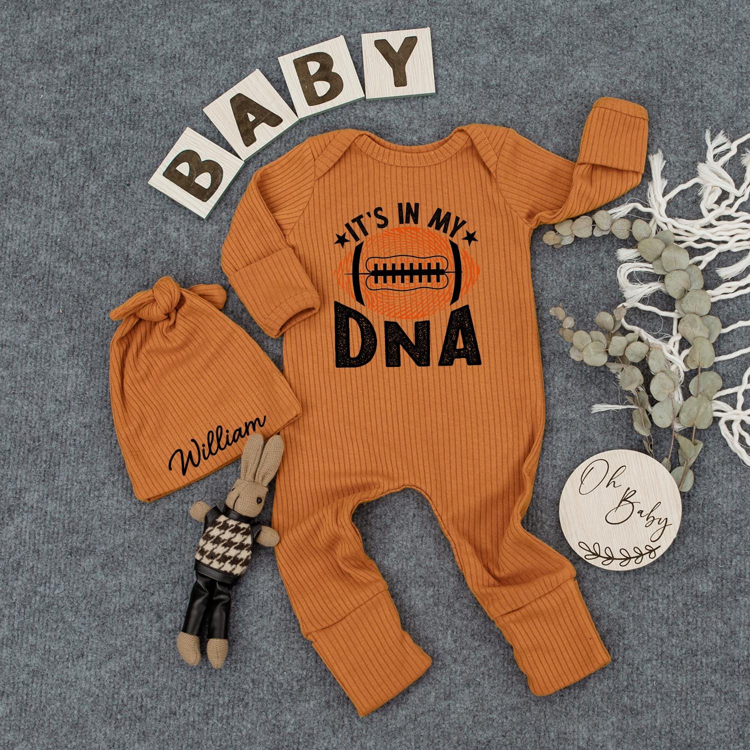 Custom Football "IT'S IN MY DNA" Baby Bodysuit Orange White Starbursts for Game Day, Baby Shower Gift, Pregnancy Announcement, Newborn Outfit