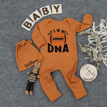 Custom Football "IT'S IN MY DNA" Baby Bodysuit Orange White Starbursts for Game Day, Baby Shower Gift, Pregnancy Announcement, Newborn Outfit