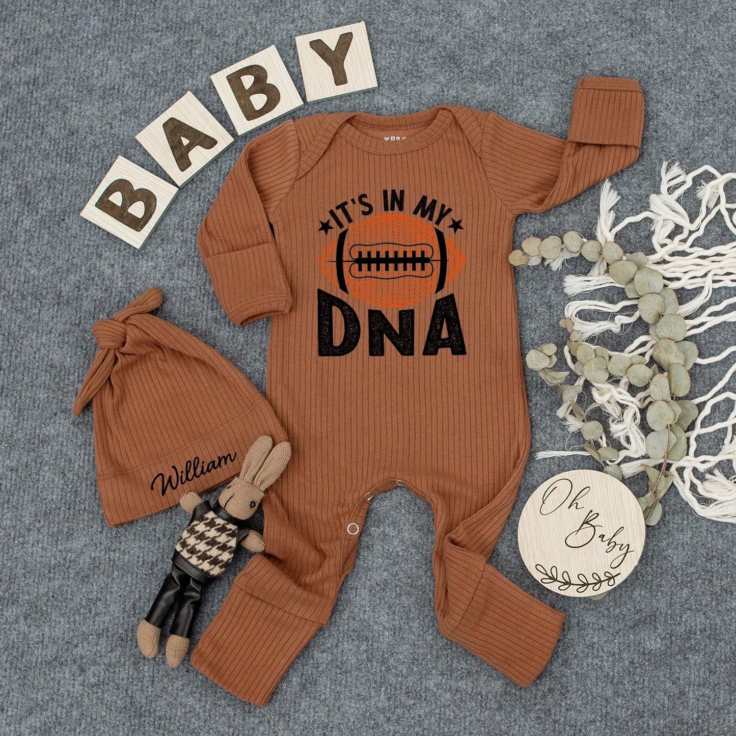 Custom Football "IT'S IN MY DNA" Baby Bodysuit Orange White Starbursts for Game Day, Baby Shower Gift, Pregnancy Announcement, Newborn Outfit