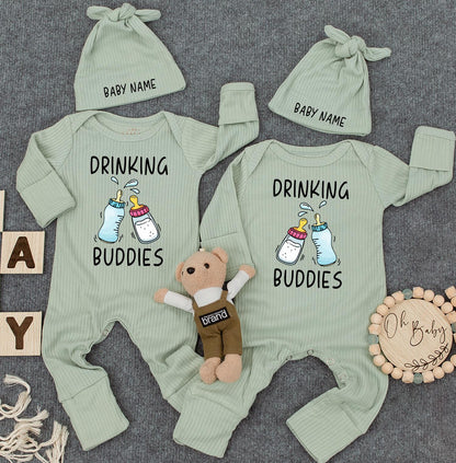 Drinking Buddies Personalized Romper: Custom Name on Hat, Funny Twin Newborn Outfit, Cute Baby Boy Girl Bodysuit, Womb Mates Double Trouble Gift 136