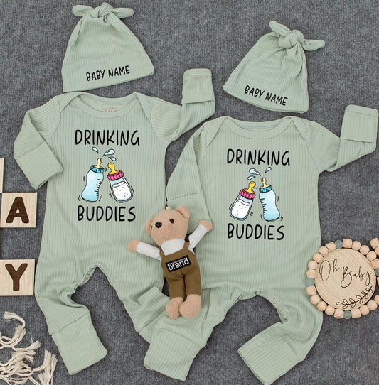 Drinking Buddies Personalized Romper: Custom Name on Hat, Funny Twin Newborn Outfit, Cute Baby Boy Girl Bodysuit, Womb Mates Double Trouble Gift 136