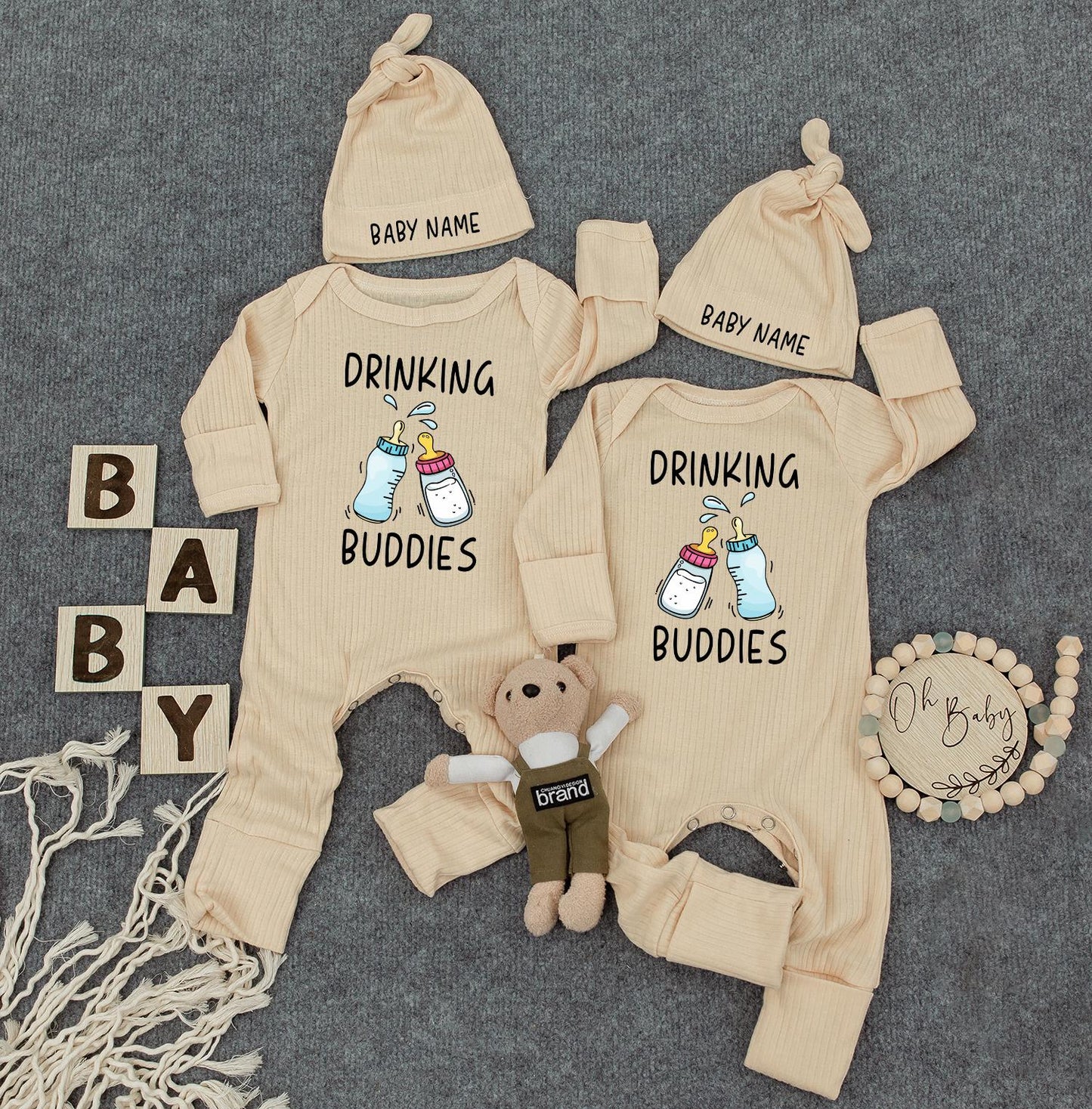 Drinking Buddies Personalized Romper: Custom Name on Hat, Funny Twin Newborn Outfit, Cute Baby Boy Girl Bodysuit, Womb Mates Double Trouble Gift 136
