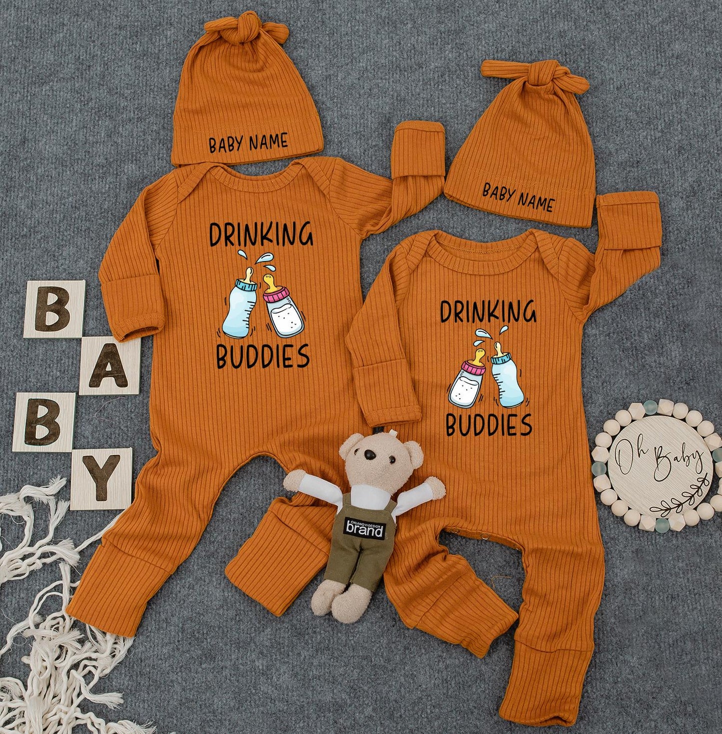 Drinking Buddies Personalized Romper: Custom Name on Hat, Funny Twin Newborn Outfit, Cute Baby Boy Girl Bodysuit, Womb Mates Double Trouble Gift 136