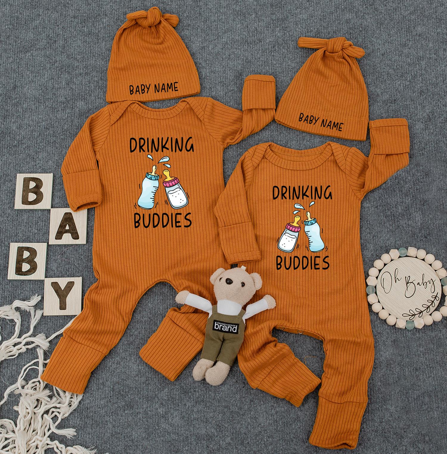 Drinking Buddies Personalized Romper: Custom Name on Hat, Funny Twin Newborn Outfit, Cute Baby Boy Girl Bodysuit, Womb Mates Double Trouble Gift 136