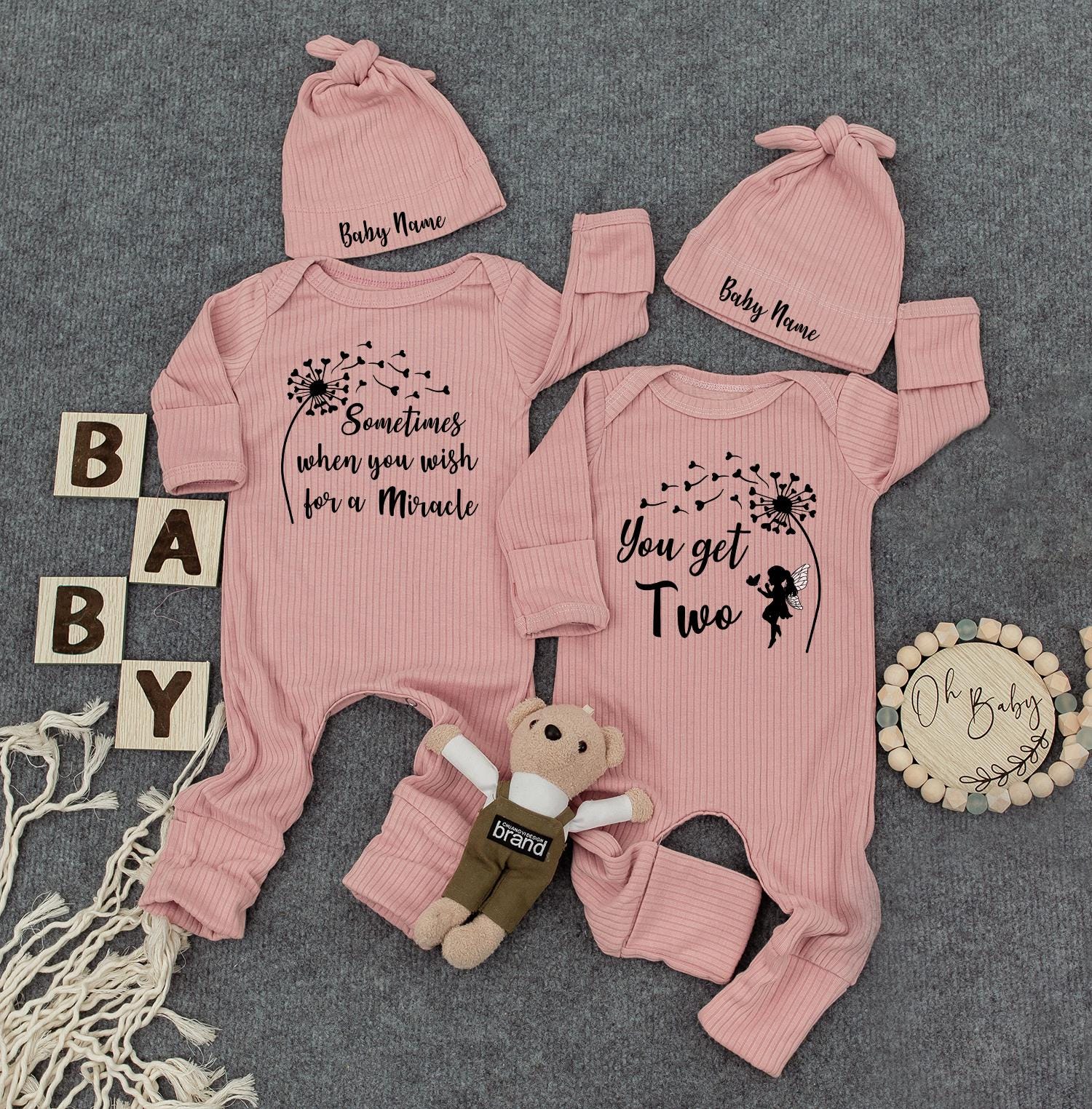 Miracle & Two Bodysuit Twin Set, Dandelion Wish, Custom Baby Name Hat, Whimsical Newborn Outfit, Soft Infant Clothes, Perfect Baby Shower Gift 138
