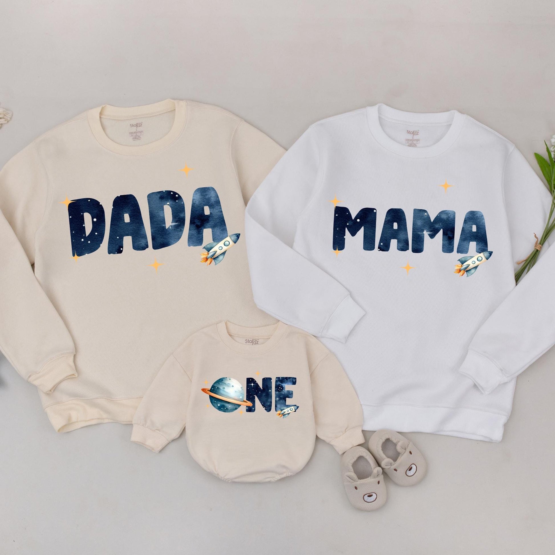 Dada Mama One Space Birthday Sweatshirt Galaxy First Trip Around The Sun Rocket Ship Outfit Personalized 1st Birthday Boy Astronaut Theme Family Gift (139)