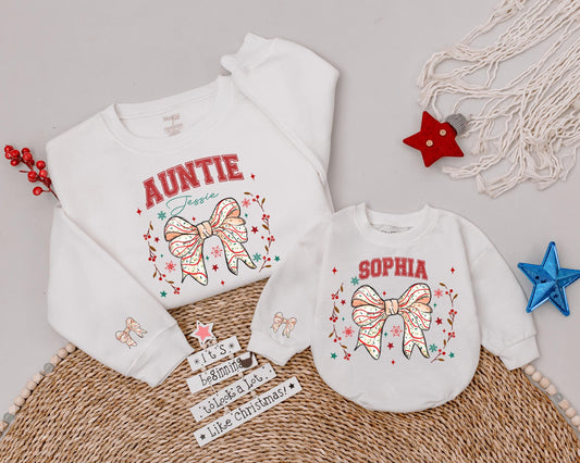 Custom Auntie Sweatshirt with Personalized Name & Pink Bow Design