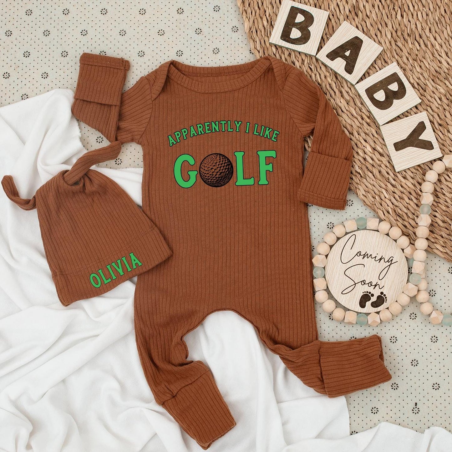 Apparently I Like Golf Baby Bodysuit & Hat Set Green Golf Ball Design Personalized Newborn Outfit Going Home Gift