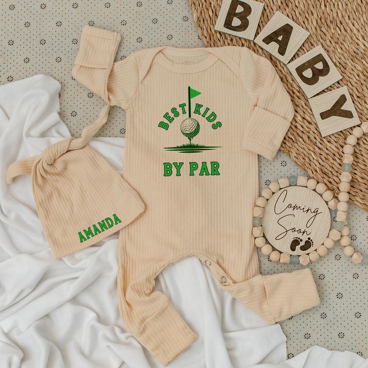 Personalized Best Kids By Par Golf Baby Bodysuit and Hat Set "Amanda" modern green design newborn long sleeve going home outfit baby shower gift pregnancy announcement