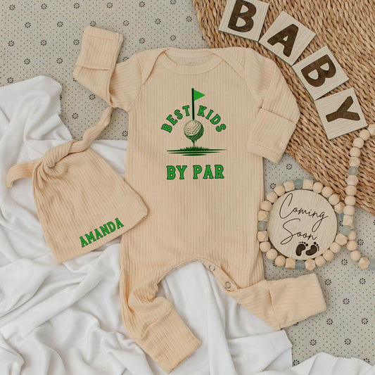 Personalized Best Kids By Par Golf Baby Bodysuit and Hat Set "Amanda" modern green design newborn long sleeve going home outfit baby shower gift pregnancy announcement