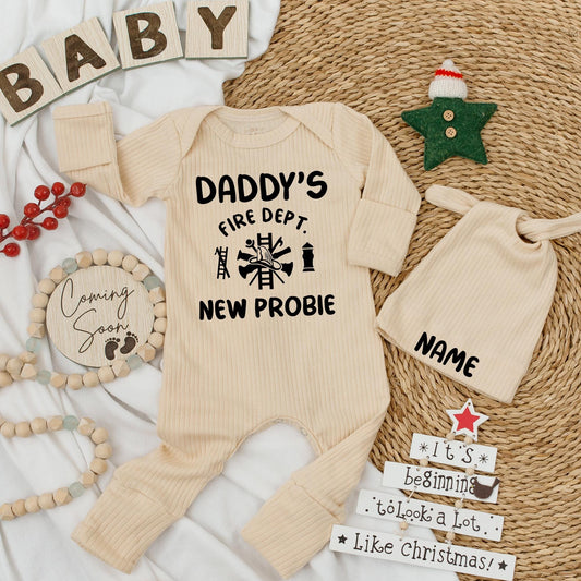 Personalized Firefighter Baby Bodysuit Hat Set Daddy's Fire Dept New Probie Newborn Pregnancy Reveal Coming Home Shower Gift Black Helmet Axes