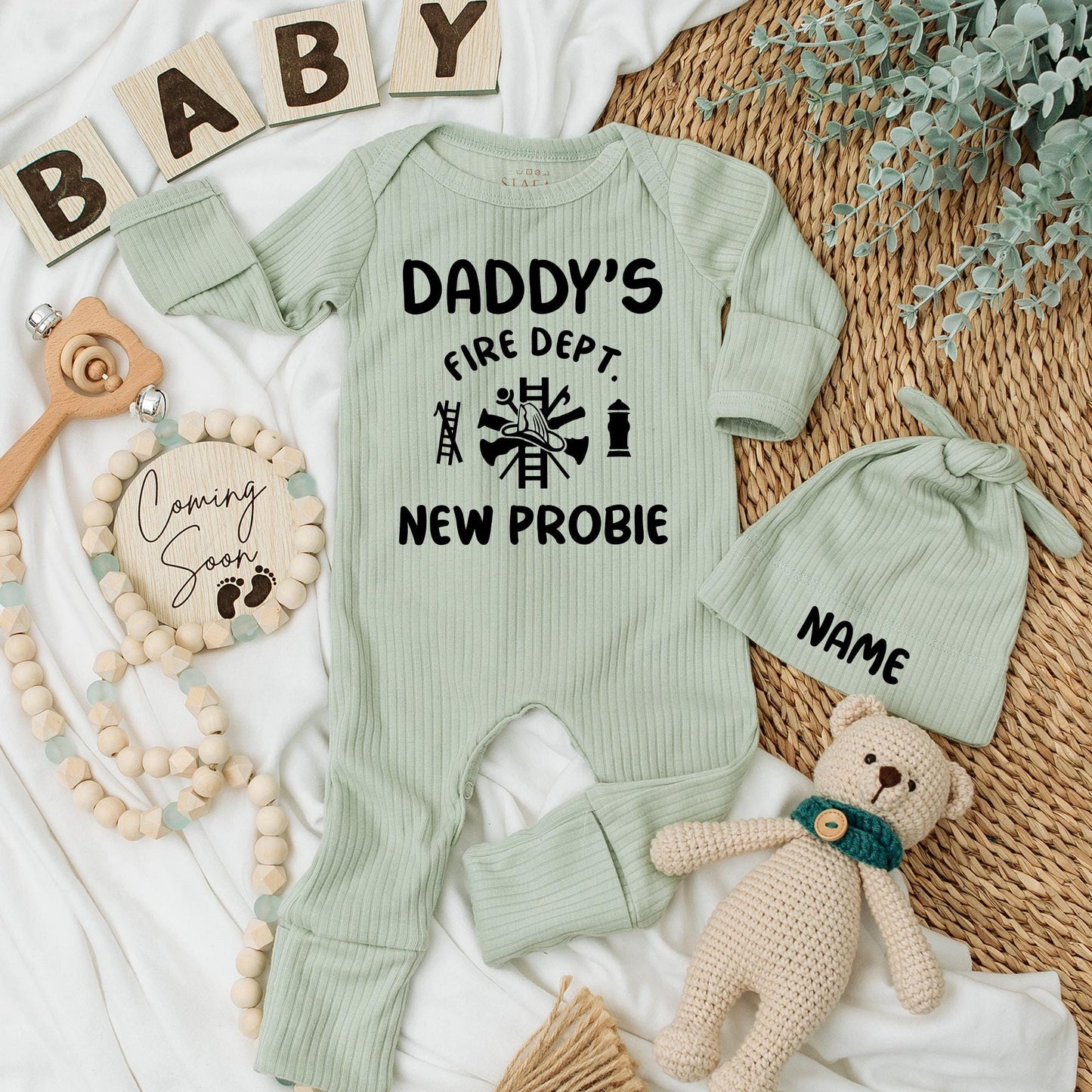 Personalized Firefighter Baby Bodysuit Hat Set Daddy's Fire Dept New Probie Newborn Pregnancy Reveal Coming Home Shower Gift Black Helmet Axes