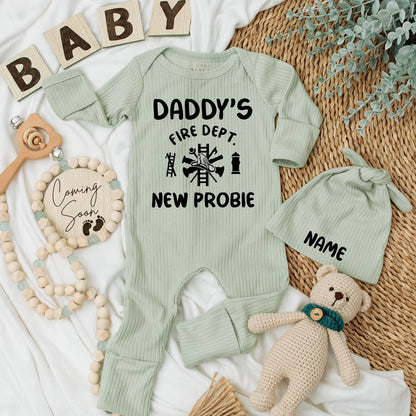 Personalized Firefighter Baby Bodysuit Hat Set Daddy's Fire Dept New Probie Newborn Pregnancy Reveal Coming Home Shower Gift Black Helmet Axes
