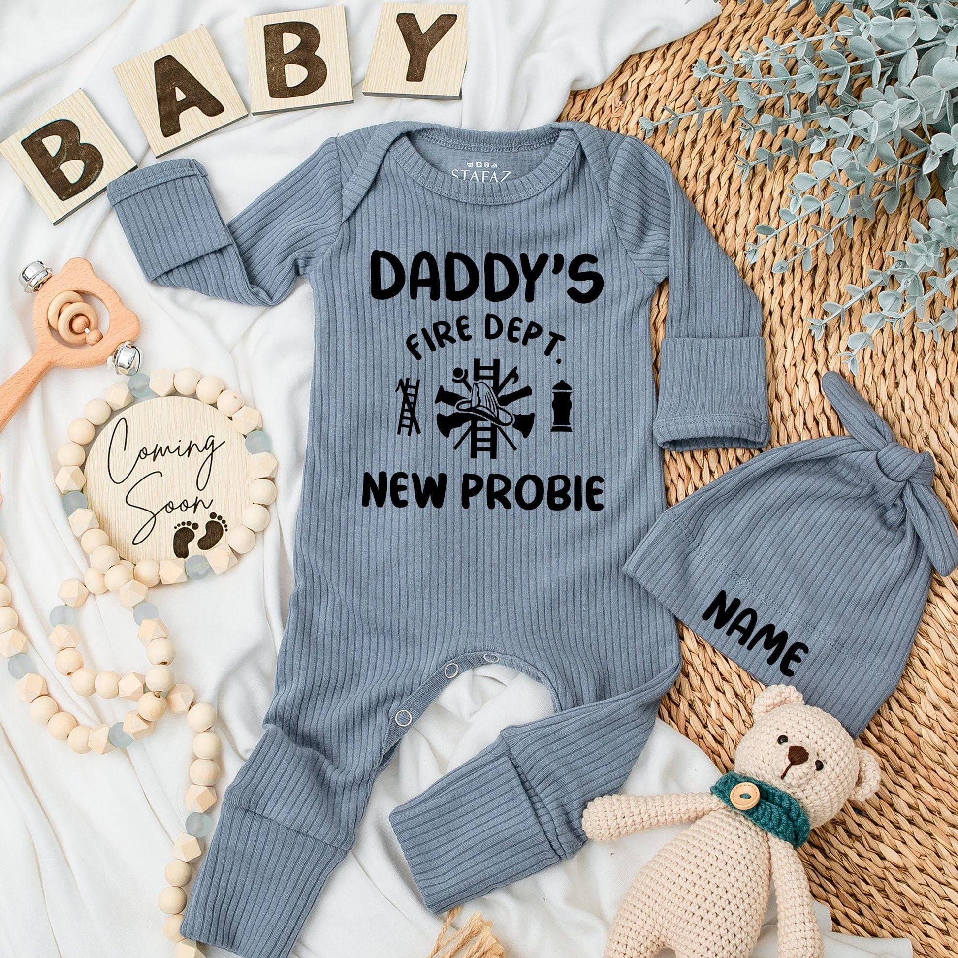 Personalized Firefighter Baby Bodysuit Hat Set Daddy's Fire Dept New Probie Newborn Pregnancy Reveal Coming Home Shower Gift Black Helmet Axes