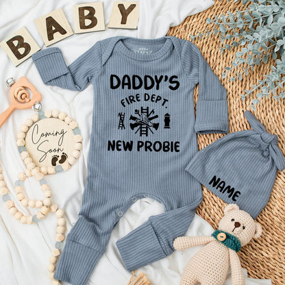 Personalized Firefighter Baby Bodysuit Hat Set Daddy's Fire Dept New Probie Newborn Pregnancy Reveal Coming Home Shower Gift Black Helmet Axes