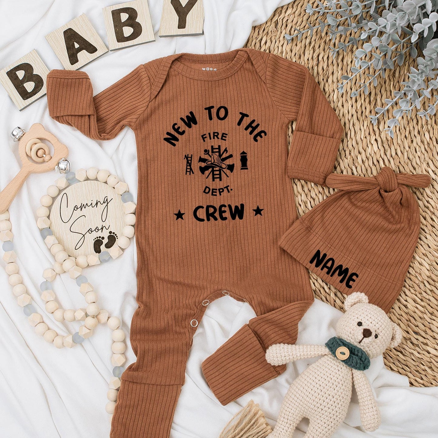 Firefighter Baby Bodysuit & Hat Set New to the Fire Dept Crew Simple Modern Design Newborn Firefighter Gift Shower Present
