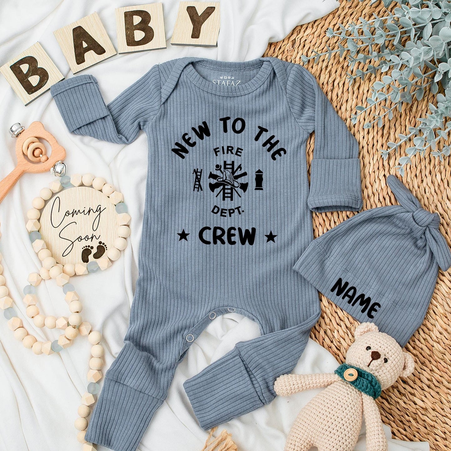 Firefighter Baby Bodysuit & Hat Set New to the Fire Dept Crew Simple Modern Design Newborn Firefighter Gift Shower Present