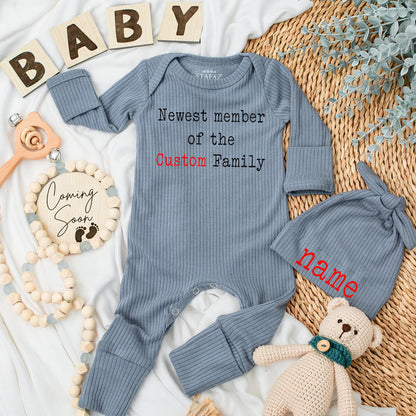 Personalized Newest Member Bodysuit & Hat Set, Custom Family Baby Outfit, Cute Newborn Clothes, Announcement Gift, Baby Shower, Comfy Cotton Blend