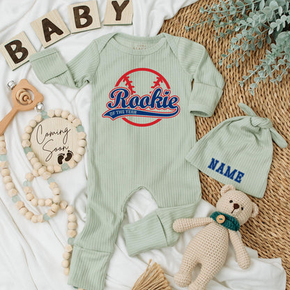 Rookie of The Year Baseball Baby Bodysuit Set, Personalized Hat, Sporty Newborn Outfit, Vintage Baby Shower Gift, Little All-Star Coming Home Outfit
