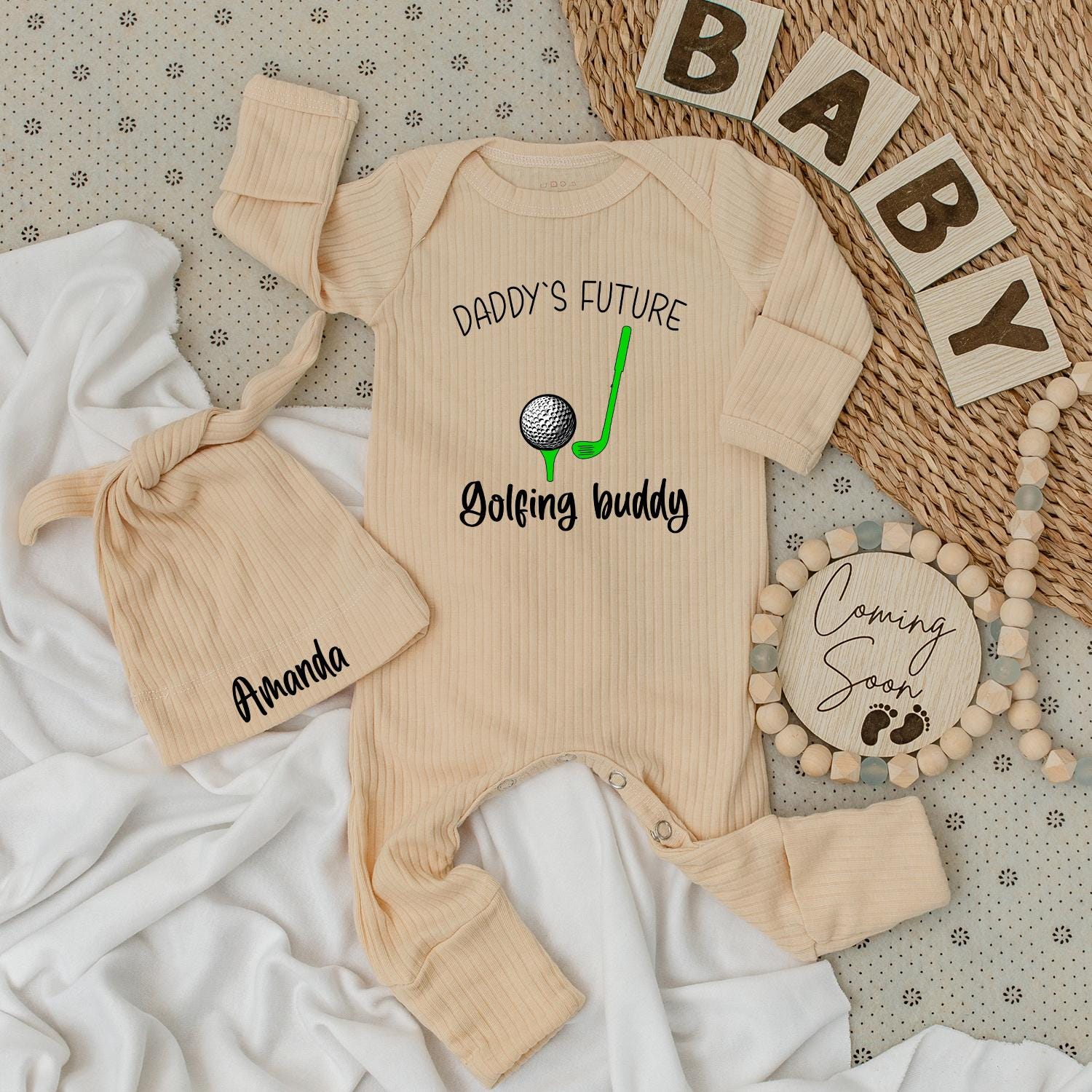 Daddy's Future Golfing Buddy Baby Bodysuit & Amanda Hat Set, New Baby Shower Gift Outfit, Cute Cotton Long Sleeve Romper, Comfy Golf Ball Apparel (139 chars)