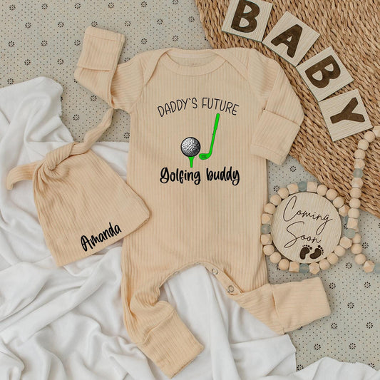 Daddy's Future Golfing Buddy Baby Bodysuit & Amanda Hat Set, New Baby Shower Gift Outfit, Cute Cotton Long Sleeve Romper, Comfy Golf Ball Apparel (139 chars)
