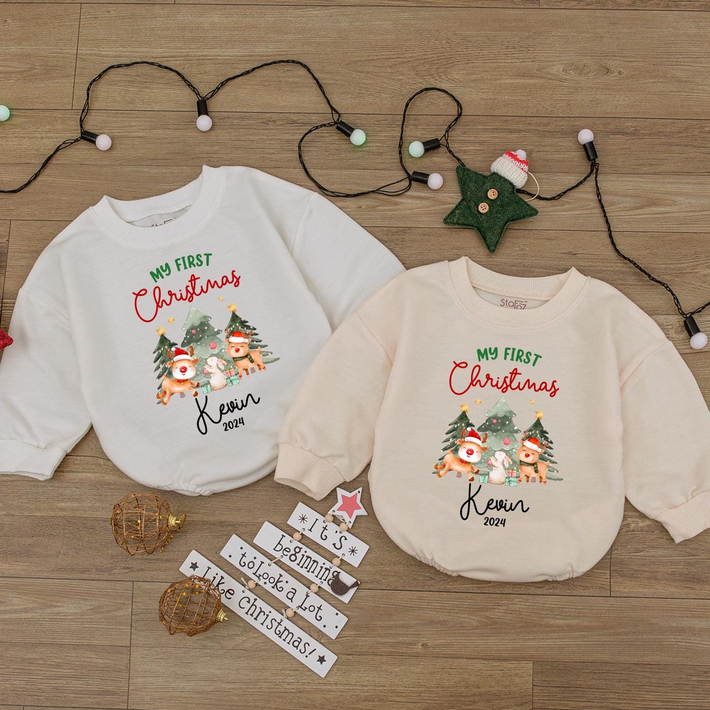 Baby's 1st Christmas Romper - Cute Reindeer Bubble Bodysuit Gift
