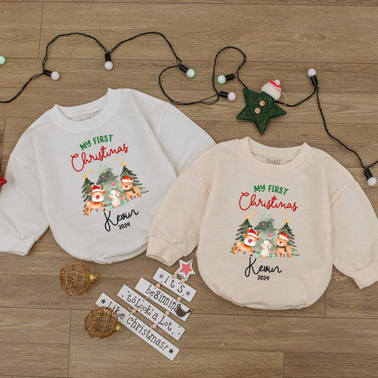 Baby's 1st Christmas Romper - Cute Reindeer Bubble Bodysuit Gift