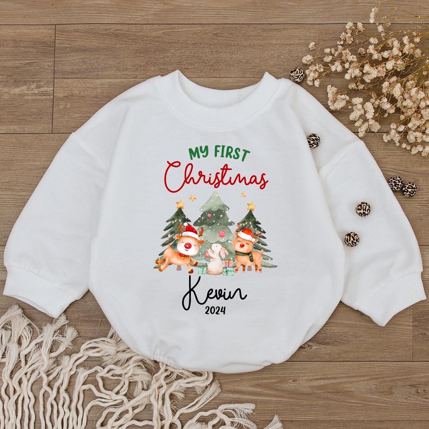 Baby's 1st Christmas Romper - Cute Reindeer Bubble Bodysuit Gift