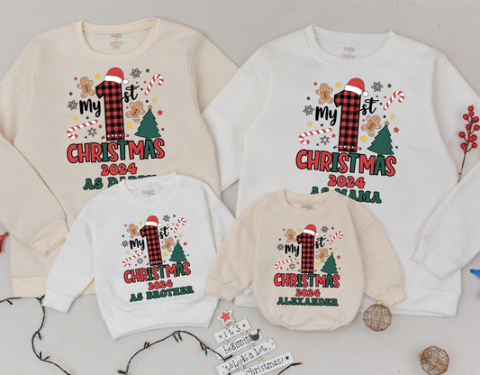 Matching Family 1st Christmas 2024 Sweatshirt, Buffalo Plaid Santa Hat Design, Personalized Christmas Outfit, First Christmas As Daddy
