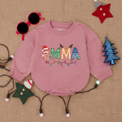Personalized Christmas Baby Bubble Romper with Festive Named Design & Whimsical Holiday Patterns like Gingerbread, Santa Hats, Reindeer & Lights