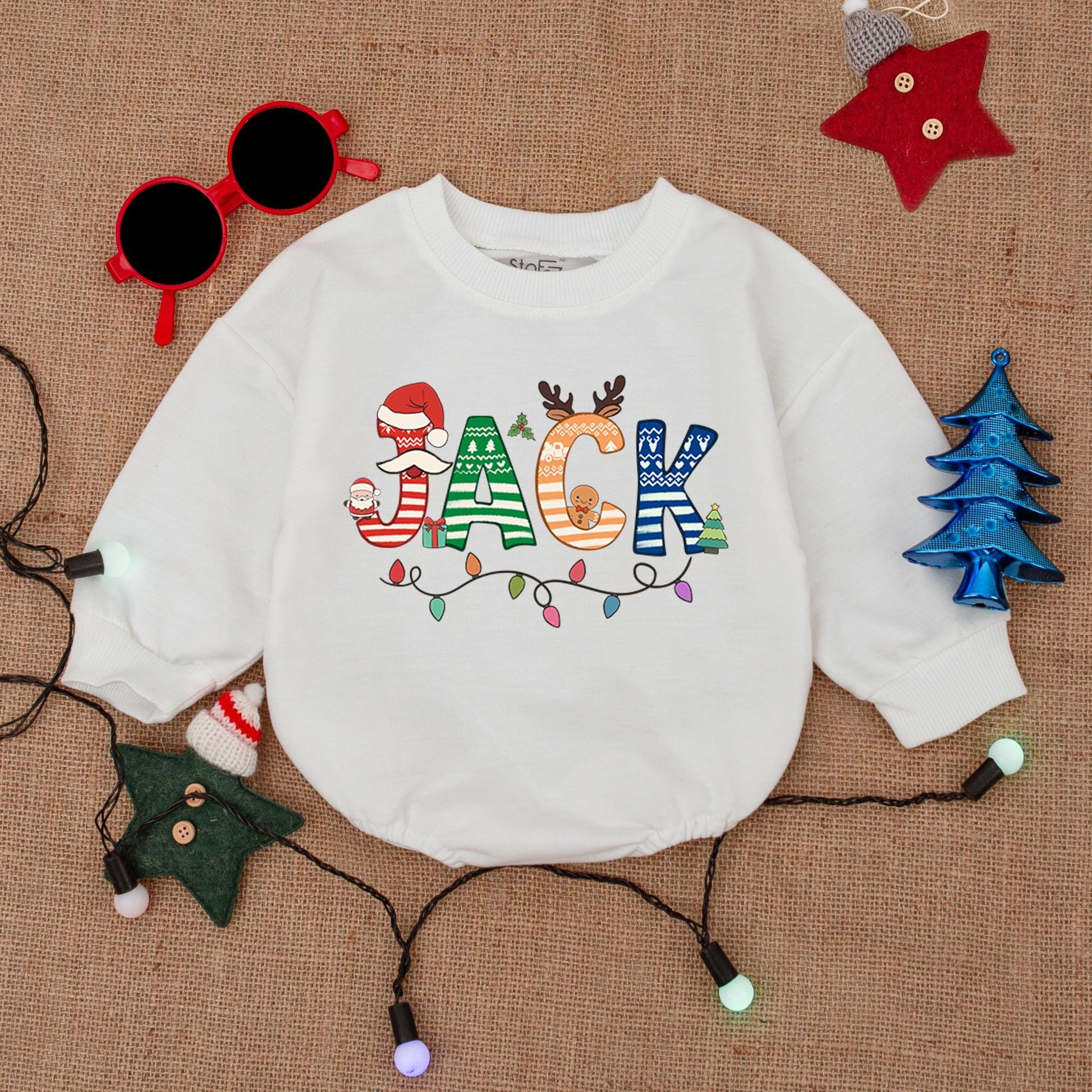 Personalized Christmas Baby Bubble Romper with Festive Named Design & Whimsical Holiday Patterns like Gingerbread, Santa Hats, Reindeer & Lights