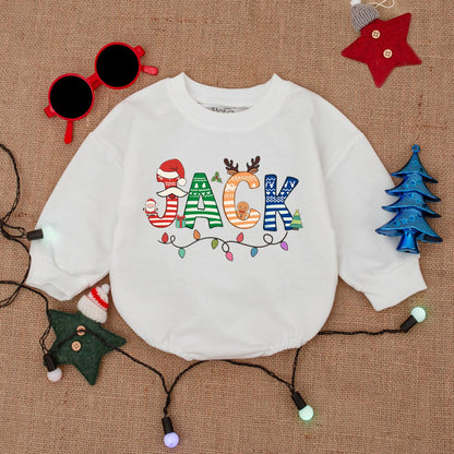 Personalized Christmas Baby Bubble Romper with Festive Named Design & Whimsical Holiday Patterns like Gingerbread, Santa Hats, Reindeer & Lights